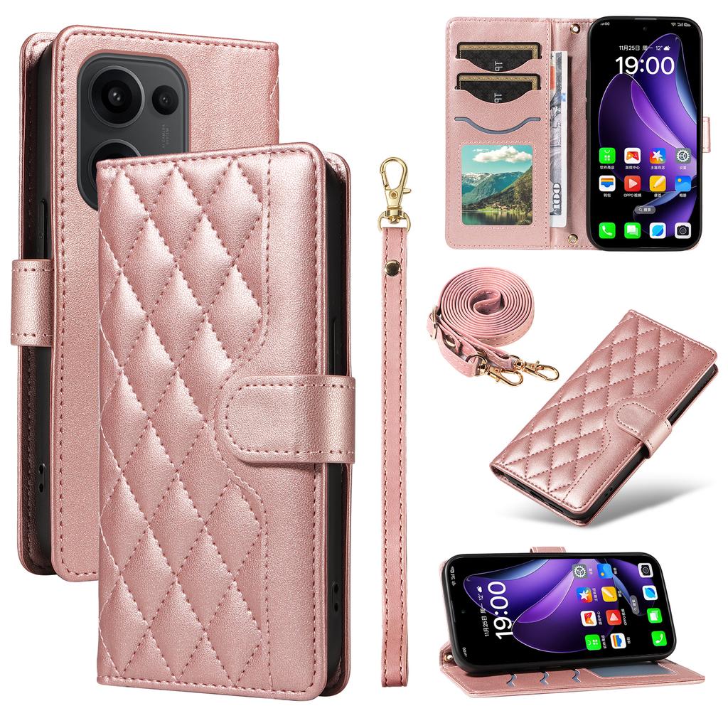 Для Oppo Reno13 5G (Глобальный) Чехол-кошелек Ромбовидный кожаный чехол для телефона с ремешком