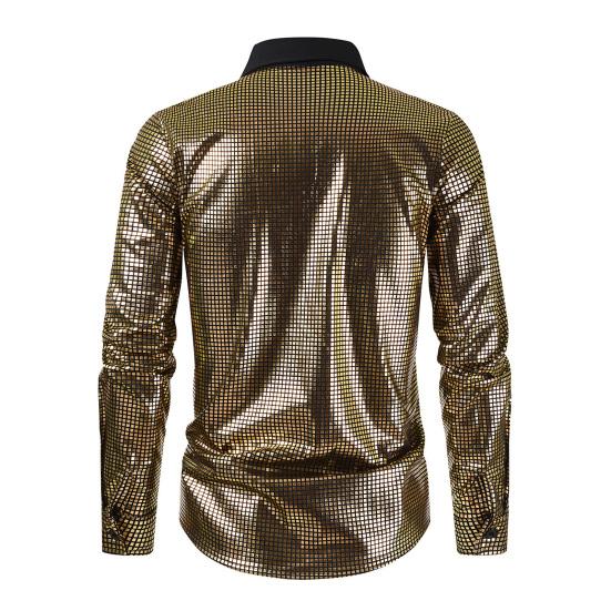Мужская ретро рубашка с пайетками, блестящая застегивающаяся на пуговицы рубашка с длинным рукавом и лацканами, винтажная диско-рубашка для баров, ночных клубов, вечеринок