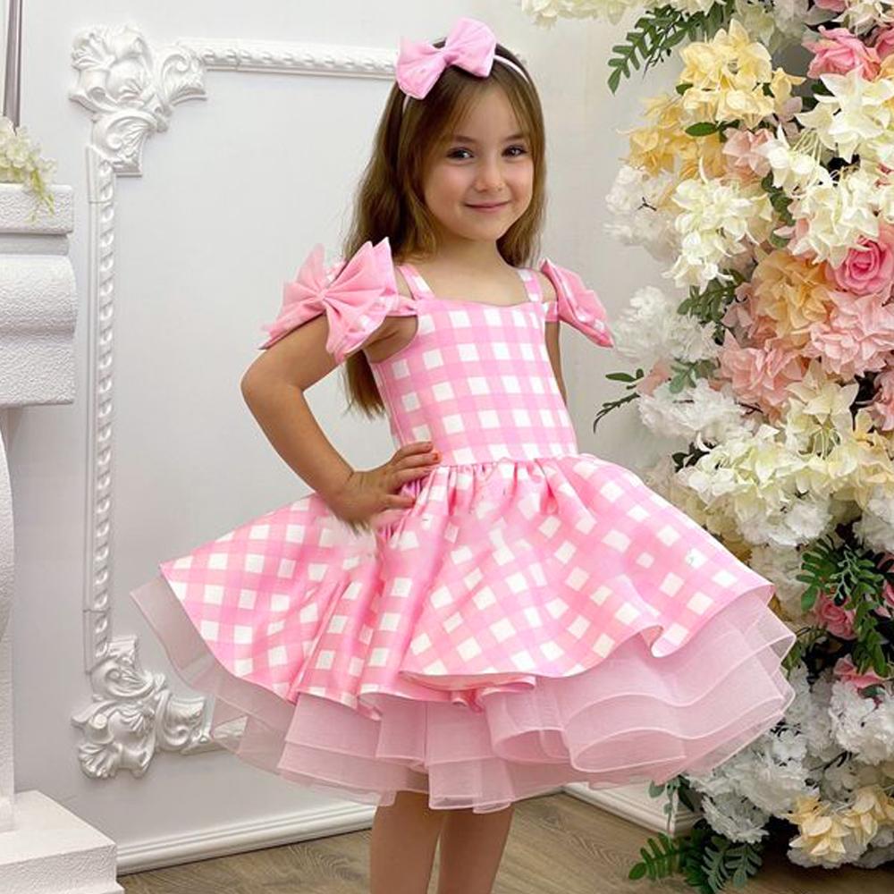 Hot Movie Pink Girls Costume For Kids Cosplay Pink Plaid Dress Halloween Birthday Girl Dress Up Carnival Party Clothes 2-10 Yrs