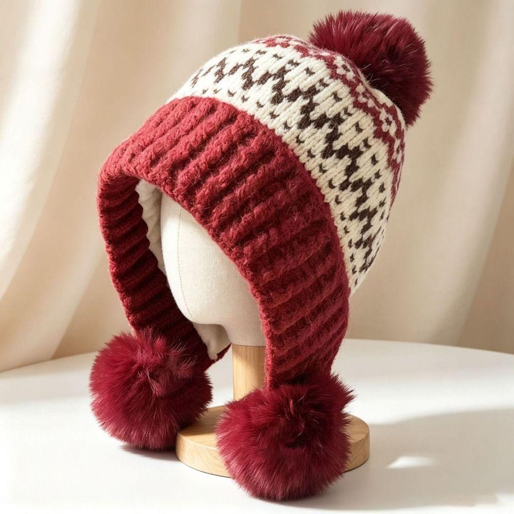 with Pom Poms Ear Flap Knitted Hat Ear Protection Winter Knit Hat Cold Proof Hat For Women