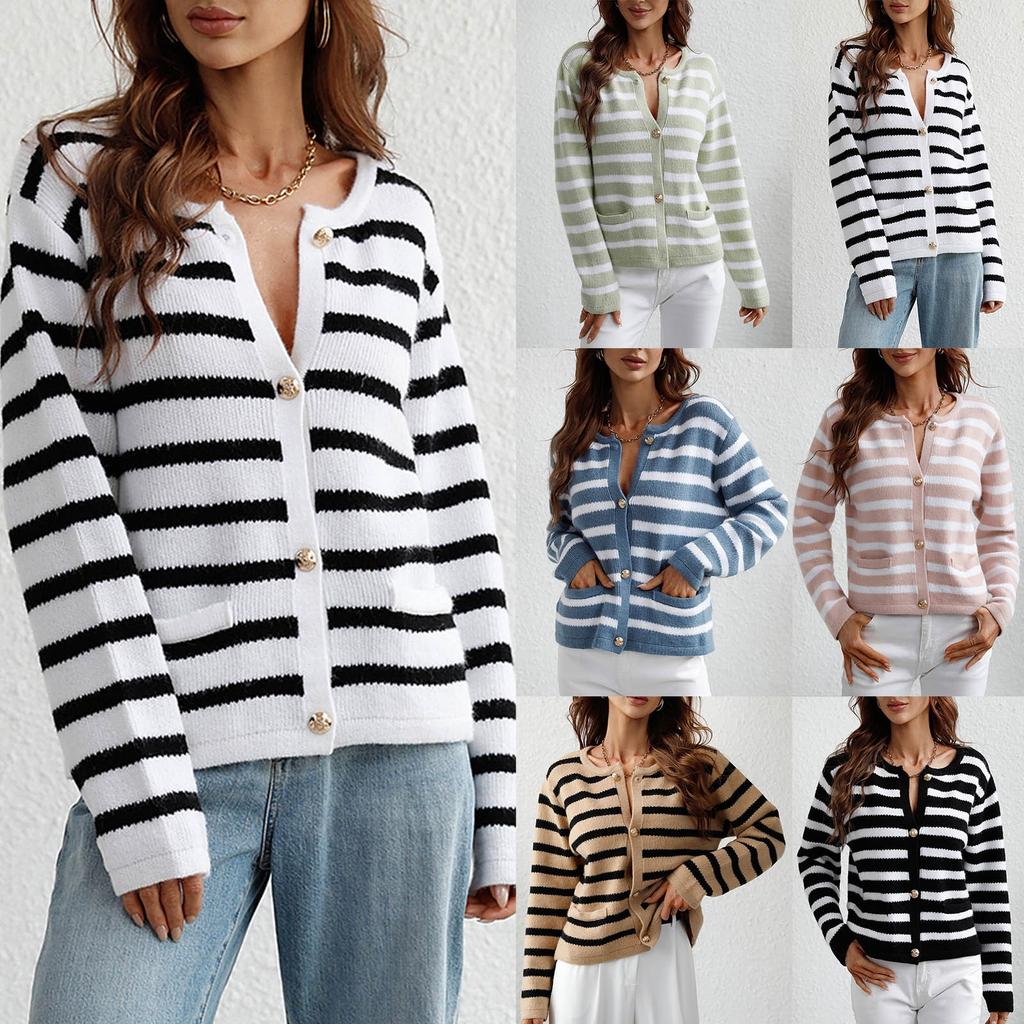 Women's Autumn And Winter Button Striped Knitted Cardigan Long Sleeve Sweater