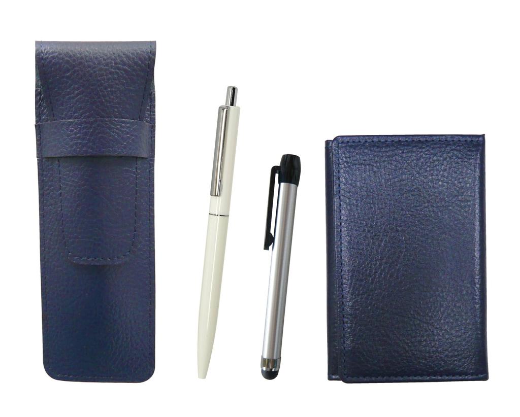 Blue leather pen case and business card set of metal touch silver pen and ballpoint pen white holder, knock-style (since 1970),