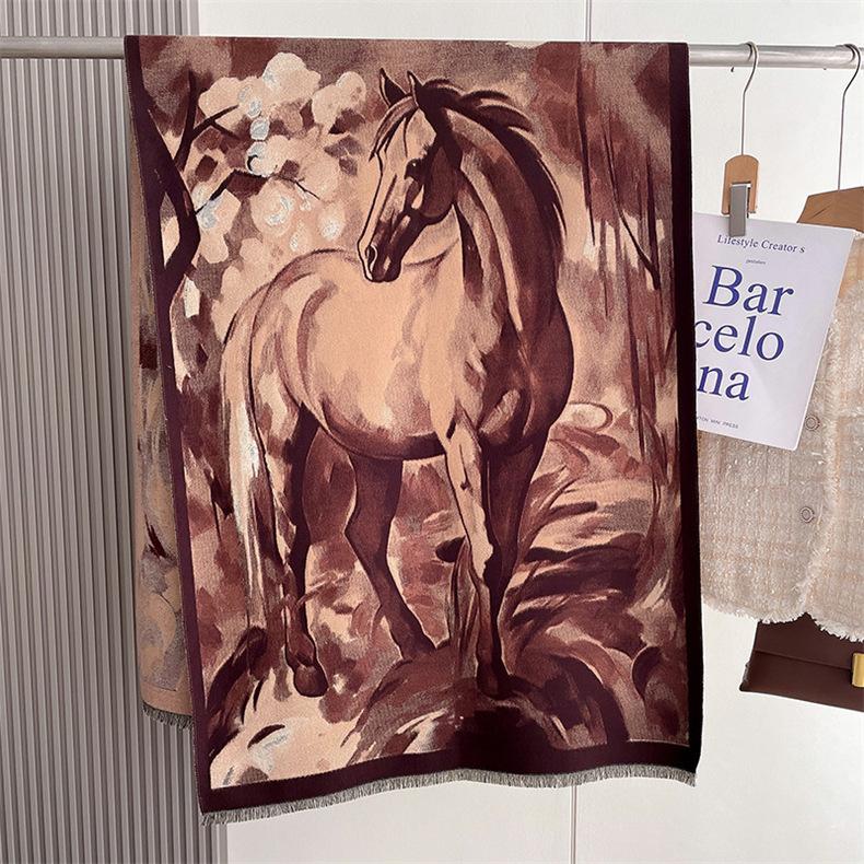 2024 Осень/Зима Новый утолщенный теплый двухсторонний двухцветный шарф из искусственного кашемира с кисточками, высококачественный воротник-шаль