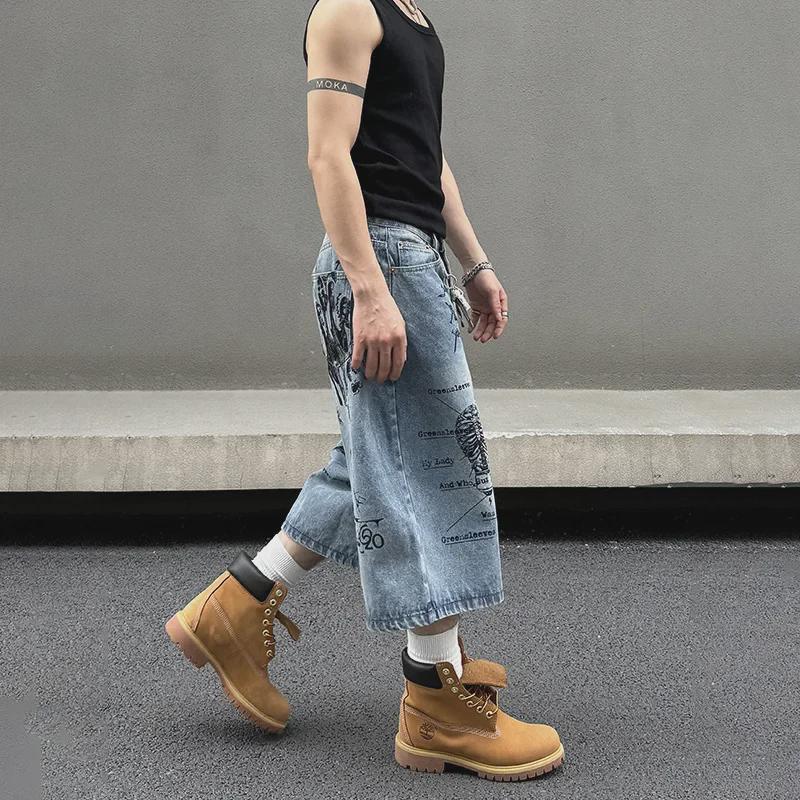 Мужские шорты из денима с ретро-граффити — свободные, прямые, повседневные, летний стиль