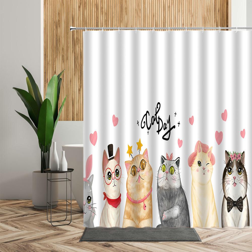 Cartoon Cute Animal Shower Curtain Cat Dog Anime Printed Bathroom Decor 3D Waterproof Bath Fabric Home Curtains For Children