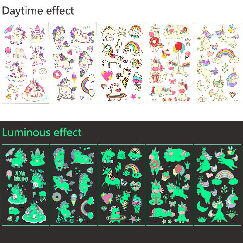 5pcs Luminous Tattoo Stickers Child Kid Temporary Fake Tattoos Glow Paste on Face Arm Leg for Children Body Art Mermaid Dinosaur