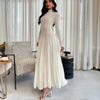 LYRIA Hollow Out Mesh Maxi Dress High Collar Slim Fit Long Sleeve Robe High Waist Pleated Party Dresses New Lady Fashion Clothing