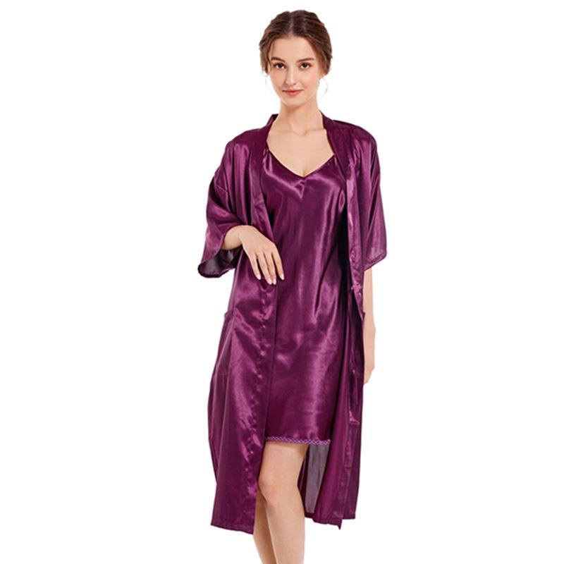 Женская домашняя одежда весна-осень средней длины, однотонная одежда для отдыха, сексуальный халат с V-образным вырезом, комплект из двух предметов, пижамная одежда из ледяного шелка