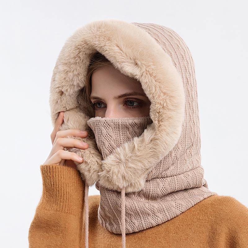 Hat Soft Winter Fur Cap Mask Set Hooded for Women Knitted Cashmere Neck Warm Balaclava Bicycle Hat Thick Plush Fluffy Ski Windproof Hat