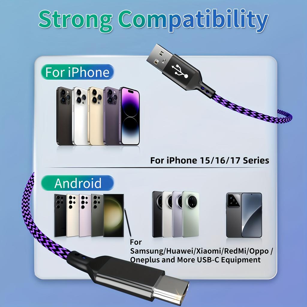 Быстрозарядный кабель USB-C в нейлоновой оплетке, Совместим с, Oneplus, Xiaomi, Особенности: Возможность синхронизации данных,