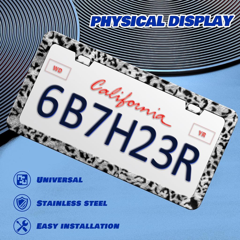 2 Pcs Grey Black Leopard Print License Plate Frame Cheetah License Plate Frames Personalise Stainless Steel Funny Design Compatible with Standard