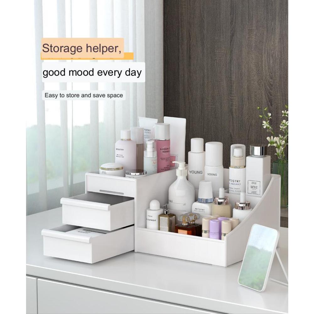 Тип ящика Женская косметичка для макияжа Коробка для общежития Организационная пластиковая полка Косметика для ухода за кожей Туалетный столик Настольный ящик для хранения Держатель кисточек для макияжа