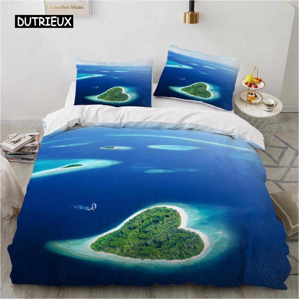 Комплект постельного белья Ocean Duvet Set King Size Polyester Tropic Ocean Style Sandy Shore and Sea with Waves Escape To Paradise Theme Set