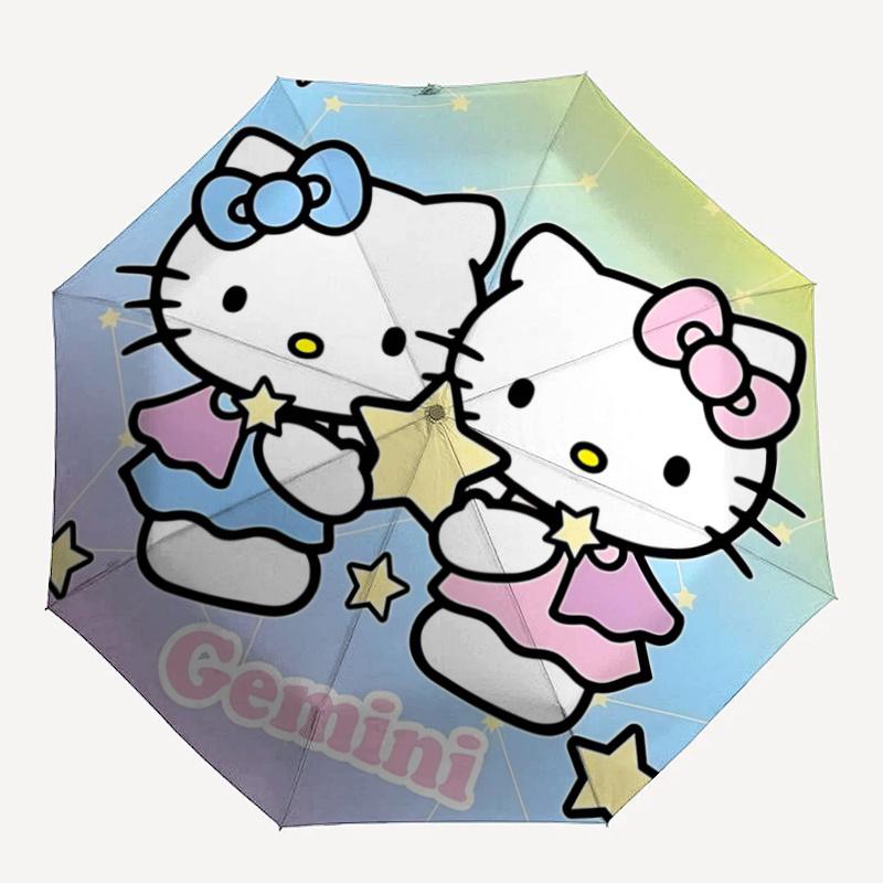 1pc Hello Kitty Gemini Zodiac Sign Automatic Folding Umbrella - Portable 3-Fold Design with Iron Frame - Outdoor for Fans, Travelers, Everyday Use - P