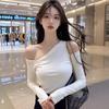Pure Desire Hot Girl Style Asymmetrical Neckline Off-Shoulder Long-Sleeve T-Shirt for Women, Autumn Sexy Irregular Slim-Fit Base Layer Top