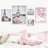 Eiffel Tower Pink City Landscape Flower Girl Wall Art Canvas Painting Art Poster Print Wall Picture For Nordic Home Living Room Decor (No Frame)