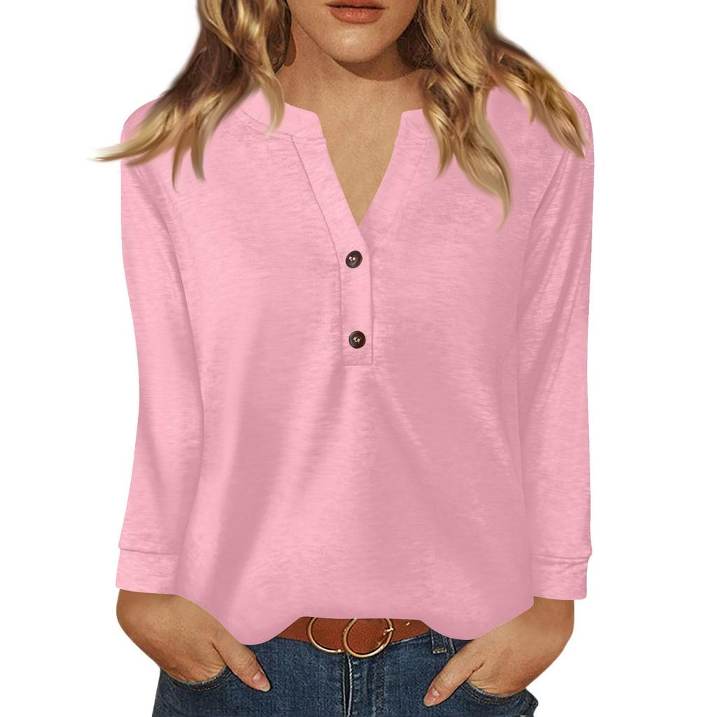 Women's T Shirt Solid Color Button Long Sleeve Daily Weekend Fashion Basic V- Neck Regular Top