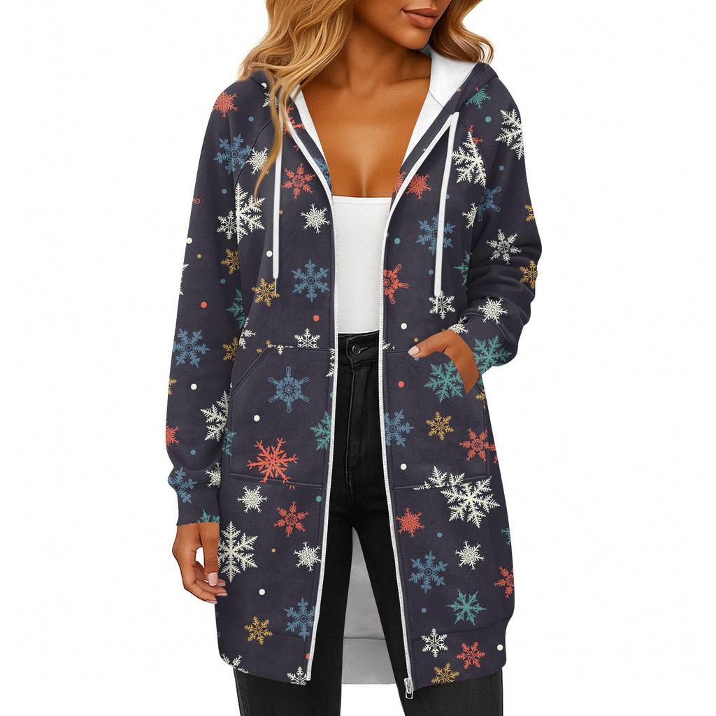 Женская модная рождественская толстовка с длинными рукавами, капюшоном на кулиске, карманом на молнии, длинная, повседневная
