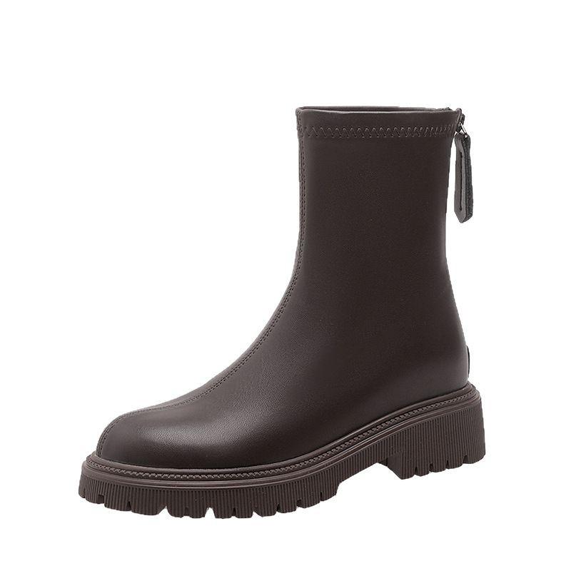 Кожаные короткие ботинки женские толстый каблук 2025 новые весенне-осенние эластичные тонкие ботинки одинарные ботинки толстая подошва британские ботинки Мартин