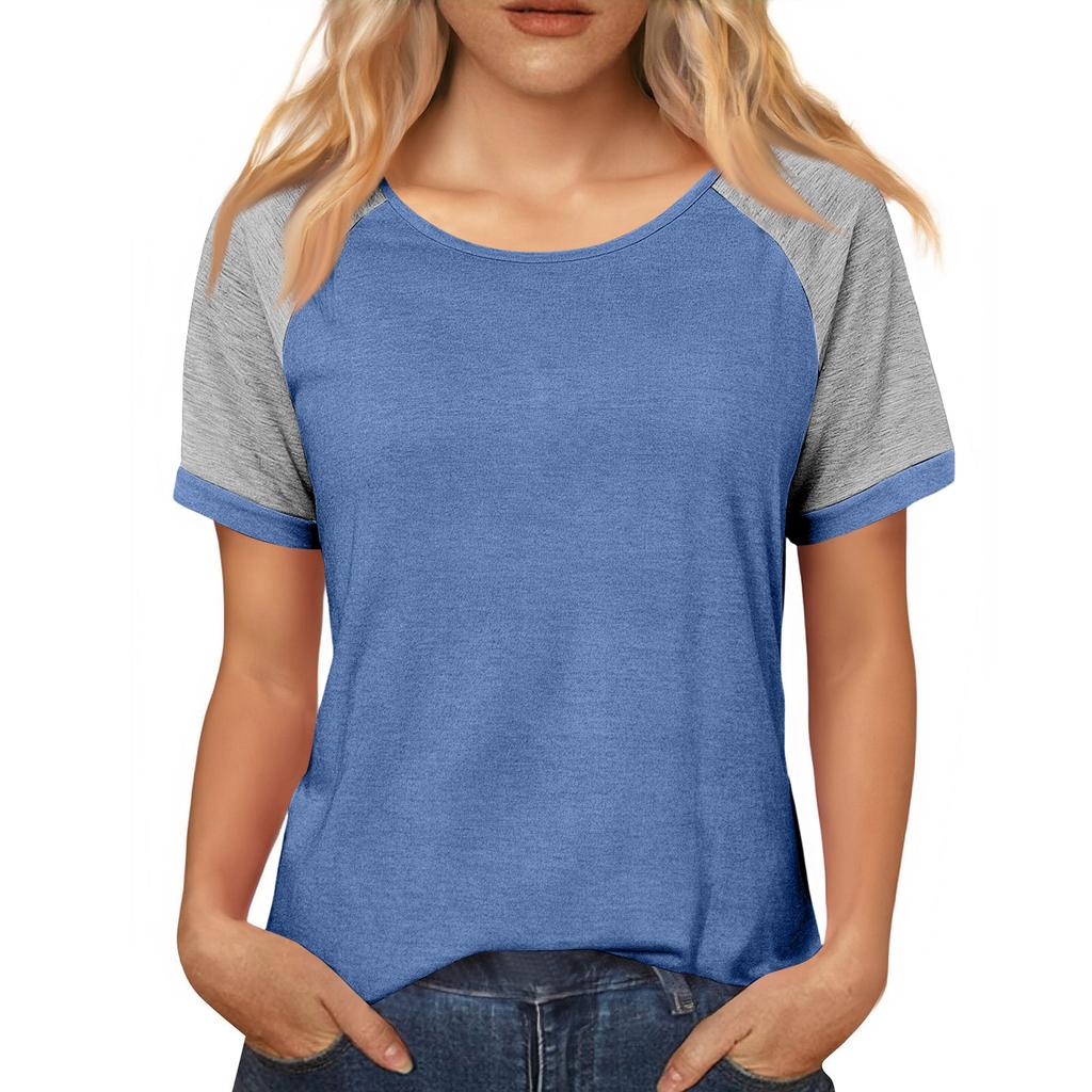 Women's Casual Loose Contrast Color Stitching Round Neck Short Sleeve Top