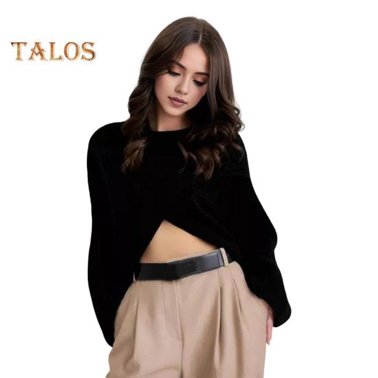 Women Sweater O-Neck Batwing Long Sleeve Solid Color Loose Fit Knitting Tops Exposed Navel Irregular Cross Sweater