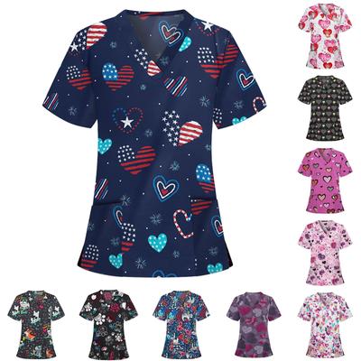 Женские топы с короткими рукавами и V-образным вырезом с мультяшным узором, футболка с рабочей униформой