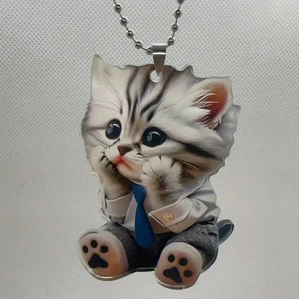 Car Pendant Hanging Ornament With Chain Realistic Animal Cat-Shaped Rearview Mirror Hanging Decor Car Interior Accessories