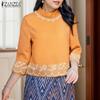 Women Casual Stand Collar Loose 3/4 Sleeve Ethnic Print Blouse