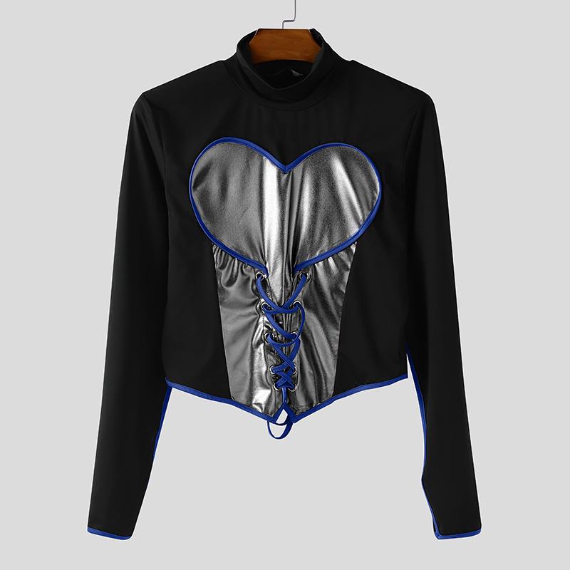 INCERUN Мужские топы и футболки с высоким воротником, длинным рукавом, бандажным дизайном, ПУ-вставками, в стиле кэжуал, укороченные