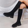 Thick Sole Knitted Long Boots for Women Fashion Elastic Socks Shoes Boots Knee High Round Toe Low Heels Botas De Mujer 2024