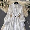 Autumn Elegant White Embroidery Lace Patchwork Dress Women Long Sleeve Hollow Out Single Breasted Heart Belt Party Dresses