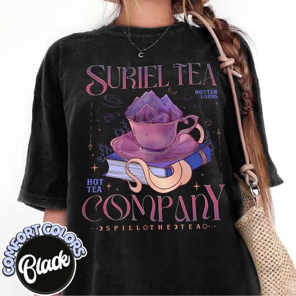 Suriel Tea Co Womens Booktok Graphic Tshirt The Court of Attraction and Rose Inspired Soft Black Shirt with Purple Teacup
