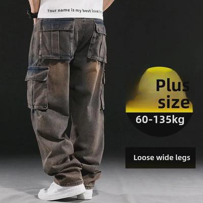 Мужские джинсы американского стиля с широкими штанинами и множеством карманов, свободные рабочие джинсы, большой размер