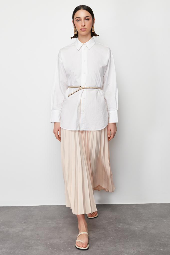 Women's Fashion Ecru Lined Polka Dot Pleated Woven Skirt