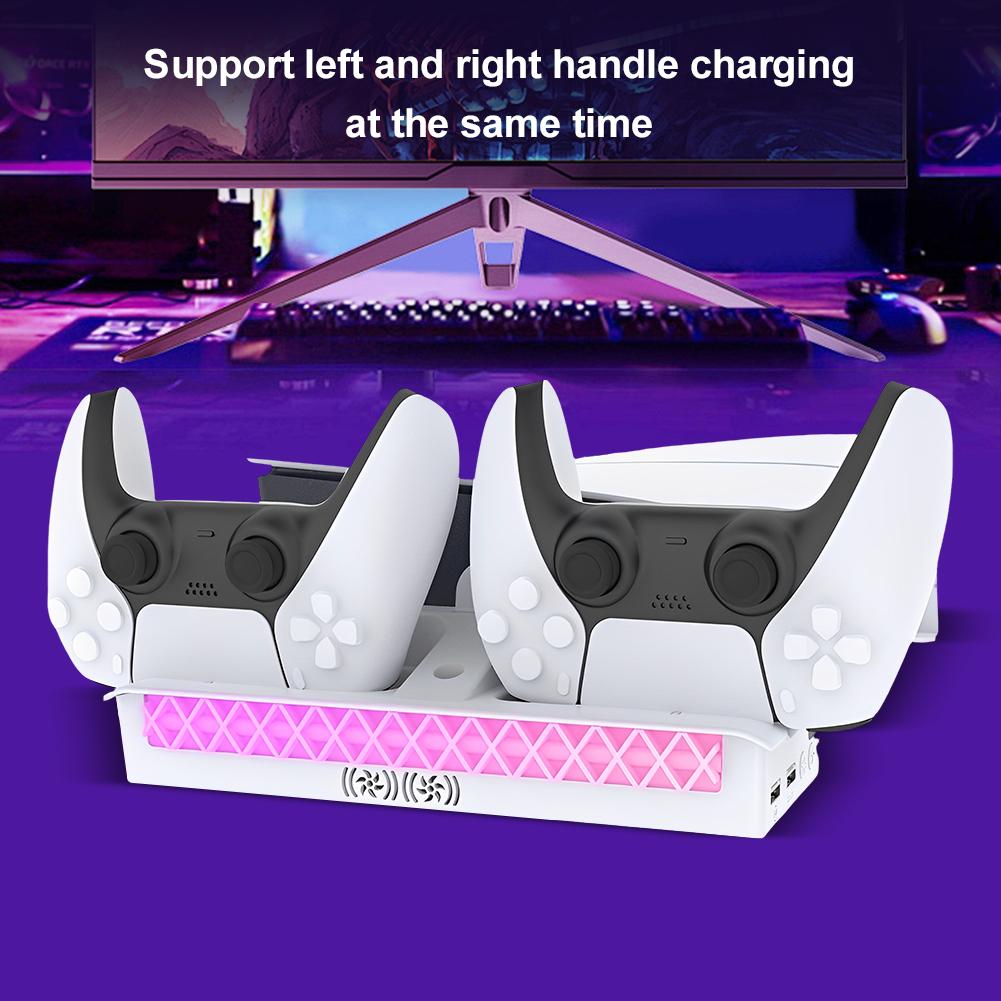RGB Горизонтальная подставка для консоли с охлаждающей подставкой-станцией для PS5 PRO/Slim, стойка для зарядки двух контроллеров, держатель для консоли и гарнитуры