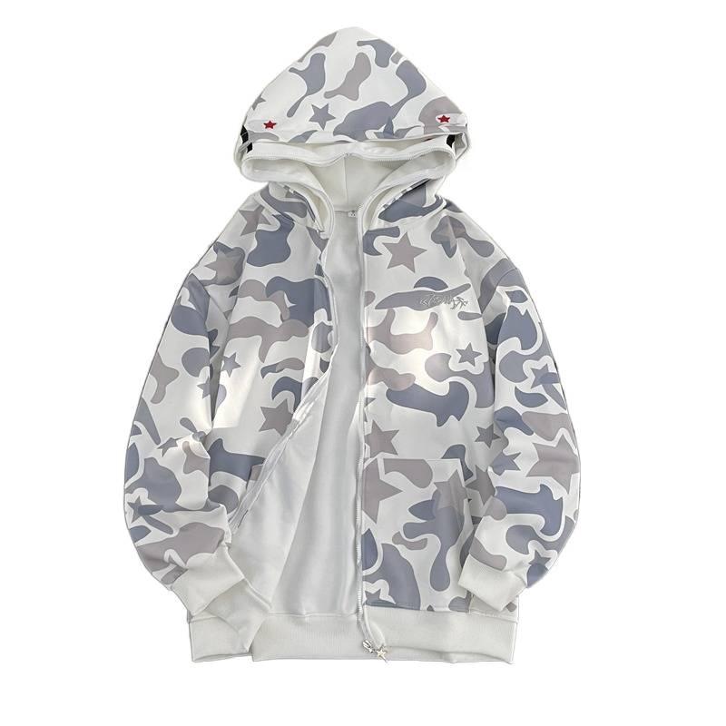 High Street Camo Shark Zip-Up Hoodie - Unisex, BF Style, Long Sleeve with Towel Embroidery