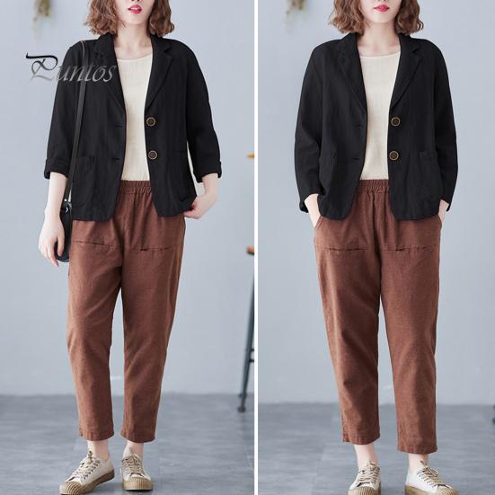 Костюм осень-весна, пальто с отложным воротником, свободный кардиган с длинными рукавами, однотонный, с двумя пуговицами, повседневная куртка