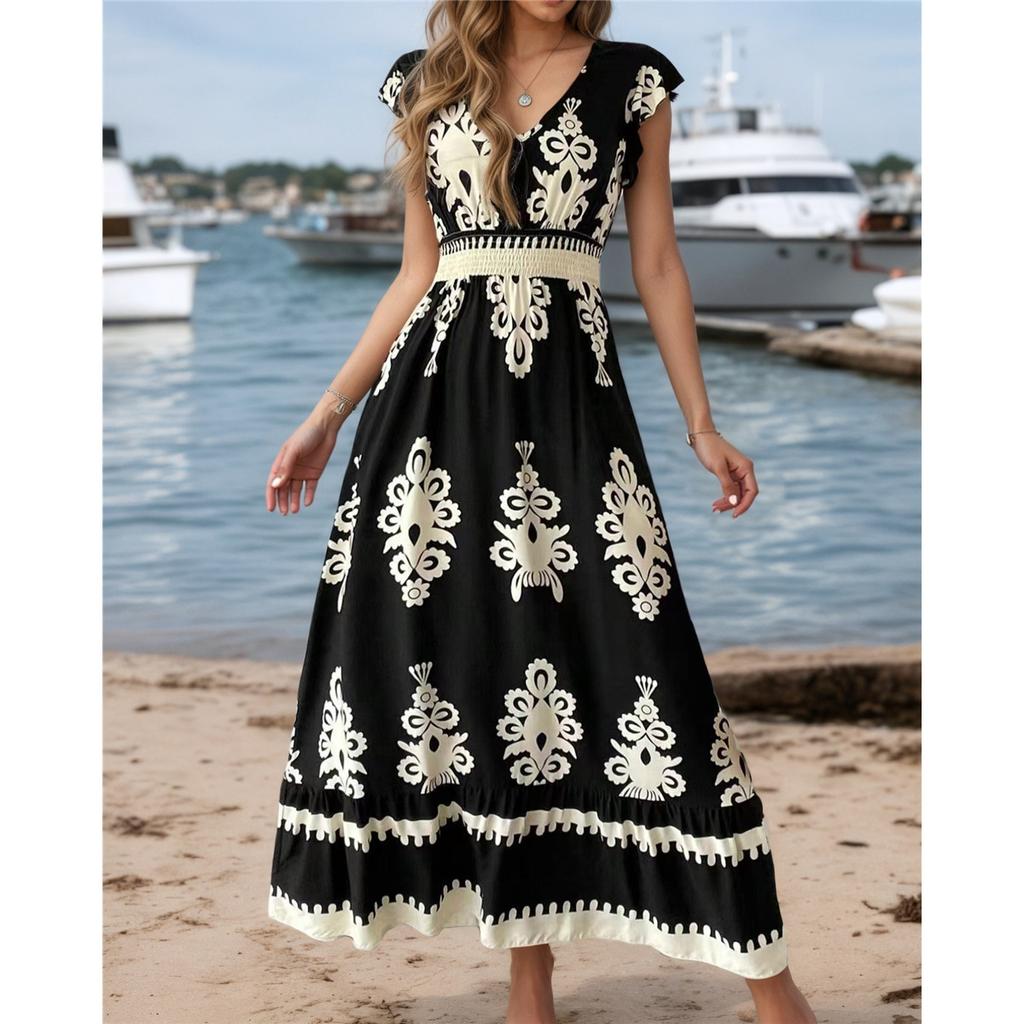 New Summer Holiday Style Printed V-neck Waist Short-sleeved Dress Holiday Long Dress