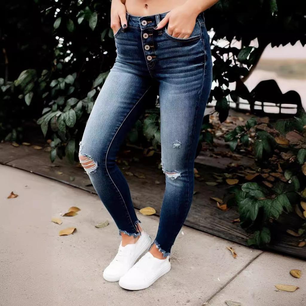 Летние женские джинсы Stretch Hole Slim Comfortable Брюки со средней посадкой