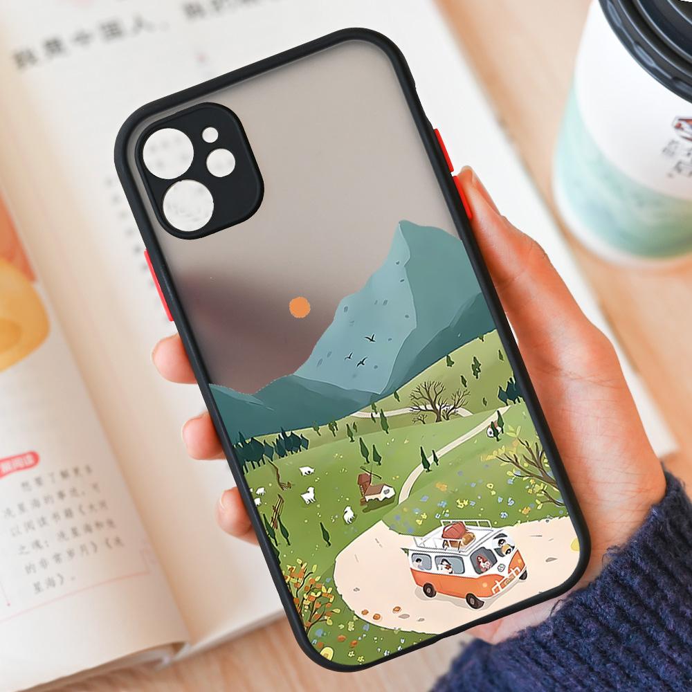Мультяшный пейзаж Чехол для телефона iPhone 15 14 12 11 13 Pro XS Max 13Mini XR X 8 14Plus SE3 Матовый Жесткий Чехол Fundas