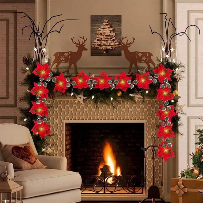 1 шт. 10/20 огней, рождественские цветы, украшения, гирлянды, гирлянды-искусственные украшения, декор для вечеринки в помещении/на открытом воздухе с красными ягодами, листьями падуба