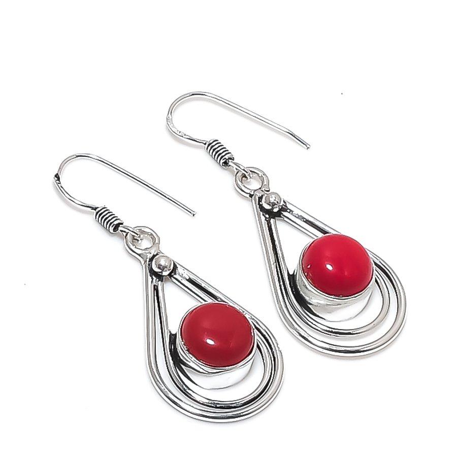 Italian Red Coral Gemstone 925 Sterling Silver Jewelry Earring 1.81" KJ-732