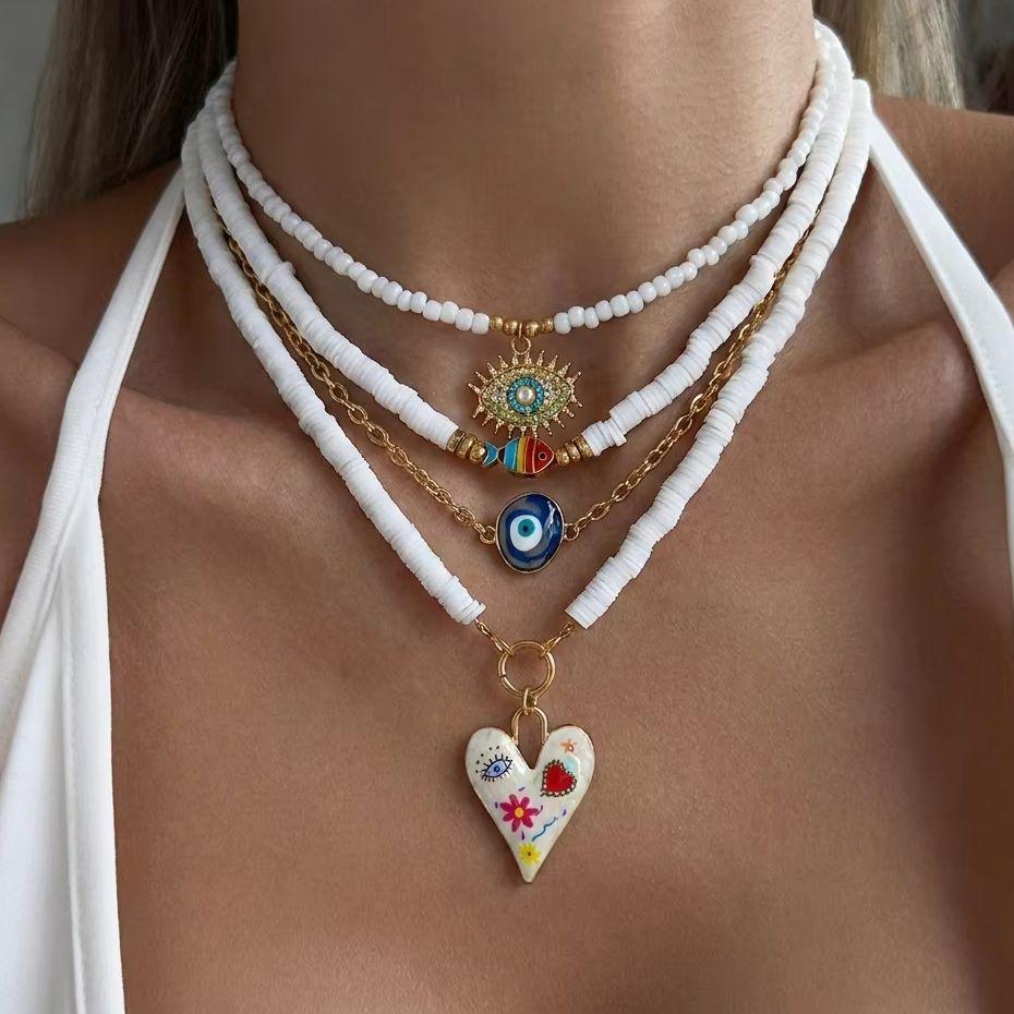 4pcs Lucky Blue Evil Eye Pendant Necklaces Set for Women Bohemian Colorful Heart Multilayer Beaded Necklaces Stacked Jewelry