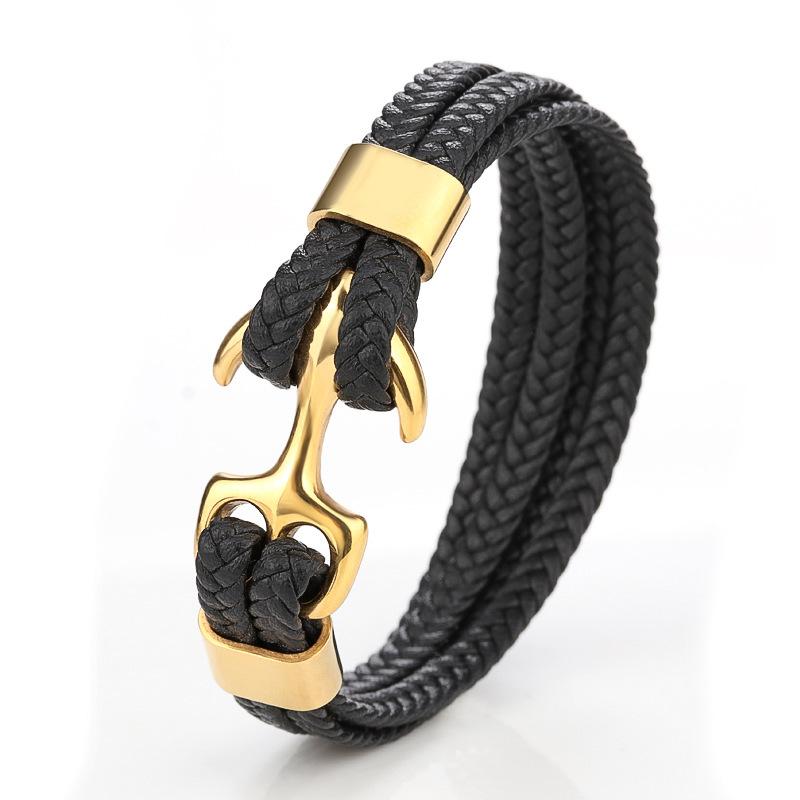 Handmade 18K Gold Plated 316L Stainless Steel Leather Animal Shape Punk Anchor Cuff Bracelet Braided for Men