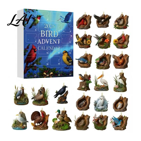 Holiday Tree Decorations Bird Themed Advent Calendar 24Pcs Acrylic 2D Ornament Set with Christmas Countdown Calendar Hanging String Decor Gift for