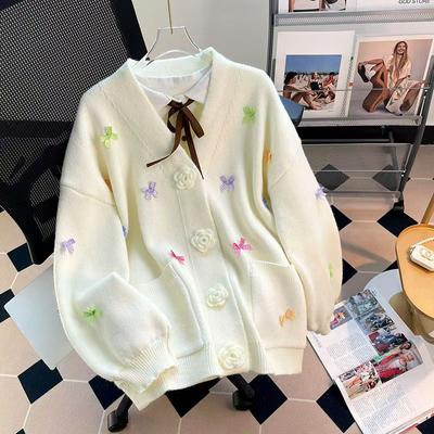 3D цветочный кардиган для женщин однотонный длинный рукав свободный бант женский свитер V-образный вырез повседневная женская верхняя одежда топы