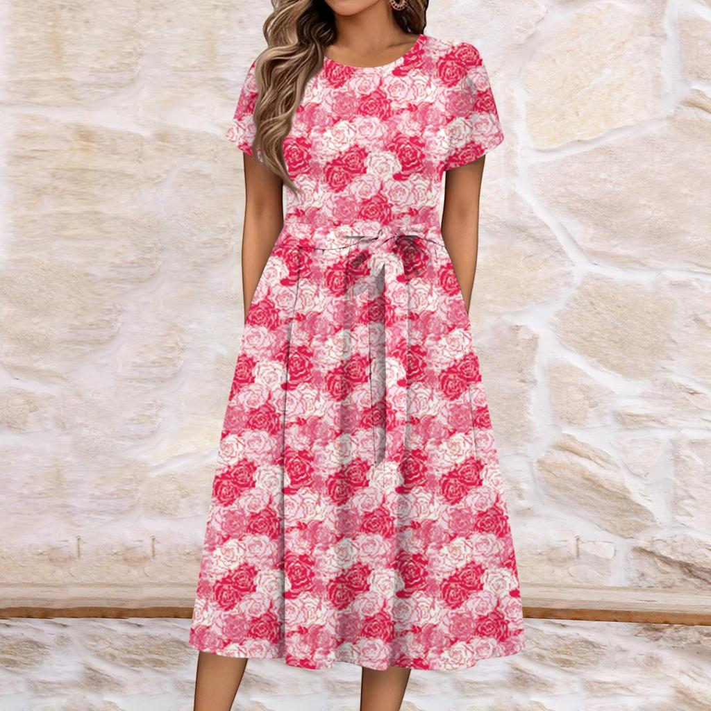 Women's Summer Casual Floral Print Round Neck Midi Dress Basic Classic Outdoor Everyday Short Sleeve Loose Dress