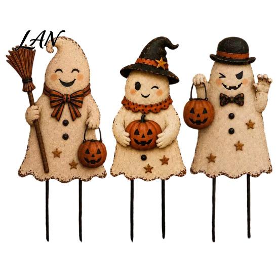 Spooky Pumpkin Yard Signs Halloween Cute Ghost Ground Stakes, Metal Art Sculpture with Pumpkin/Broomstick Elements for Outdoor Garden Stakes Lawn And