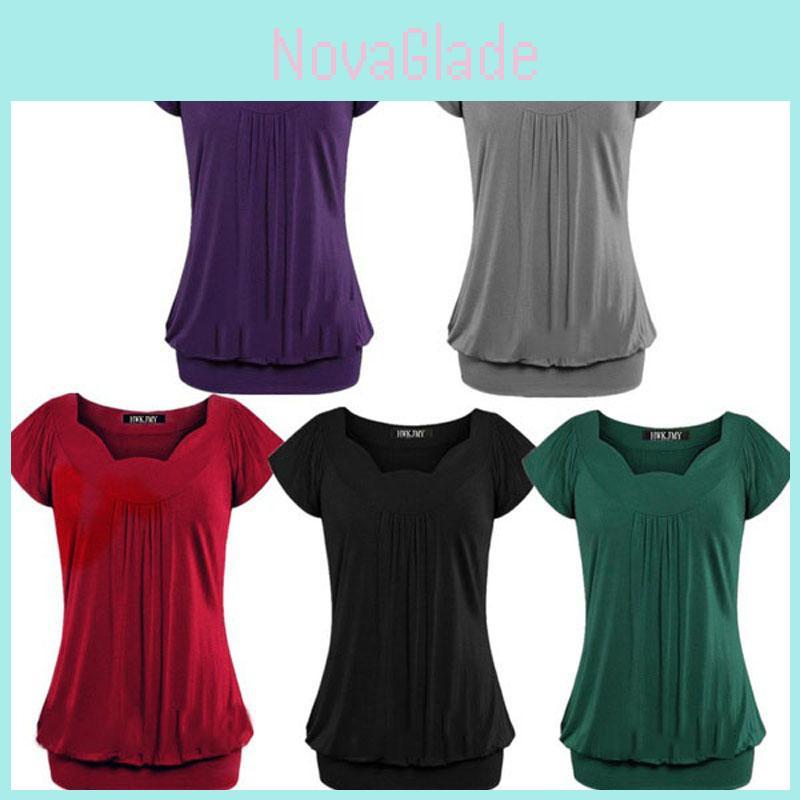 Elegant Women's Fashion Summer V-neck Short Sleeve Pleated Loose Blouse Plus Size