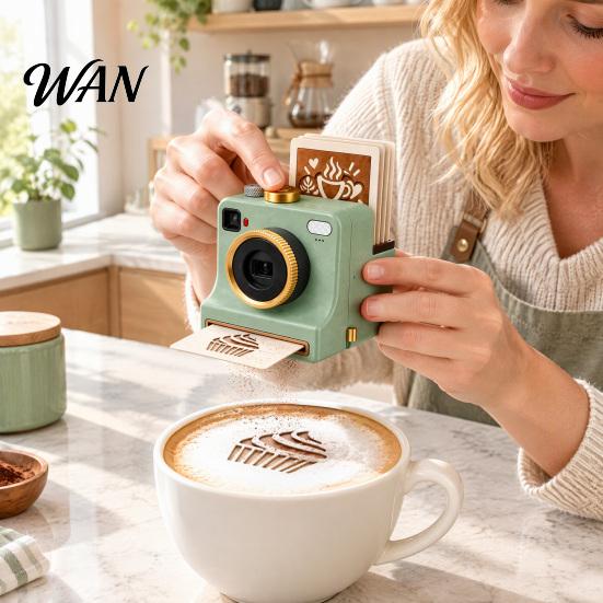 Coffee Stencil Shaker 3D Printed Christmas Latte Art Camera, Printer with Interchangeable Pattern Templates, Cocoa Powder Maker for Cappuccino